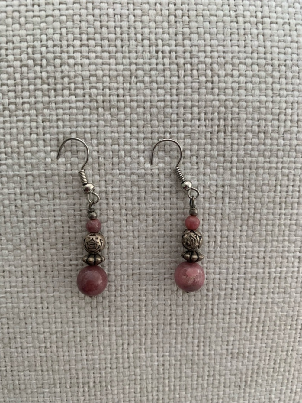 Handcrafted Pink Beaded Dangle Earrings Silver Tone Bohemian Round Hook Women's